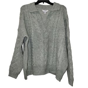 Time & Tru Cable Knit Light Sage Green V-neck Pullover Collered Sweater Large